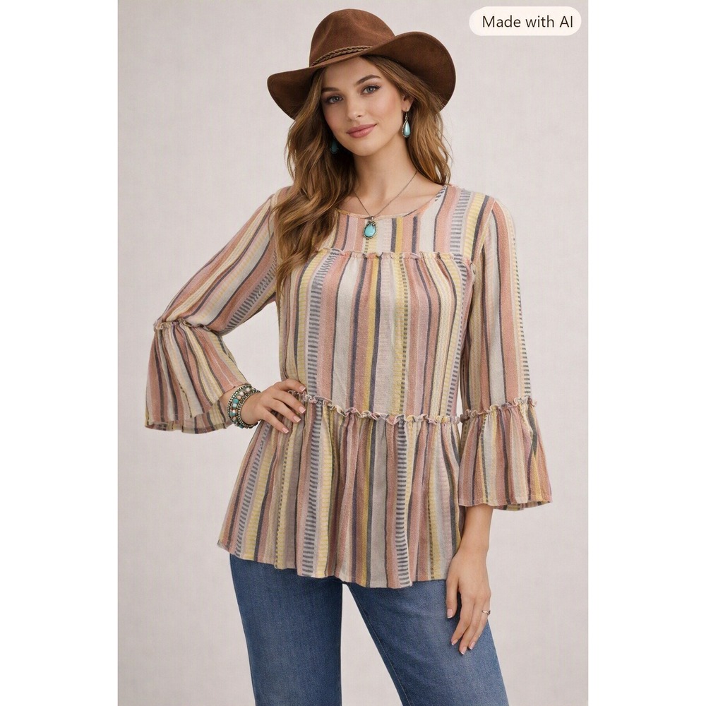 Babydoll Top Women's Medium Western‎ Boho Cottage Country Pastel Bell Sleeve